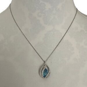 Silver Tone Teardrop Necklace with Blue Crystal & Pavé Accents